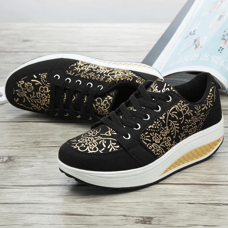 

Ladies' Casual Sports Shoes Fashionable High Heels Summer Breathable Wedge Heels Black Walking Shoes Thick Soled Sports Shoes