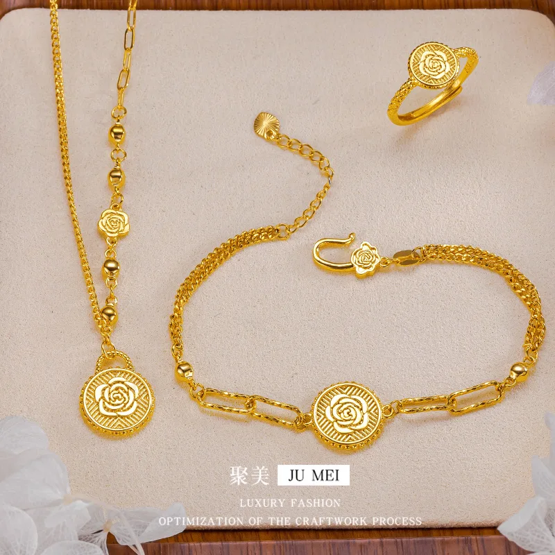 

Luxury 24K 9999 Pure Gold real gold Rose Flower Set Three-piece Set Women's Necklace Ring Bracelet