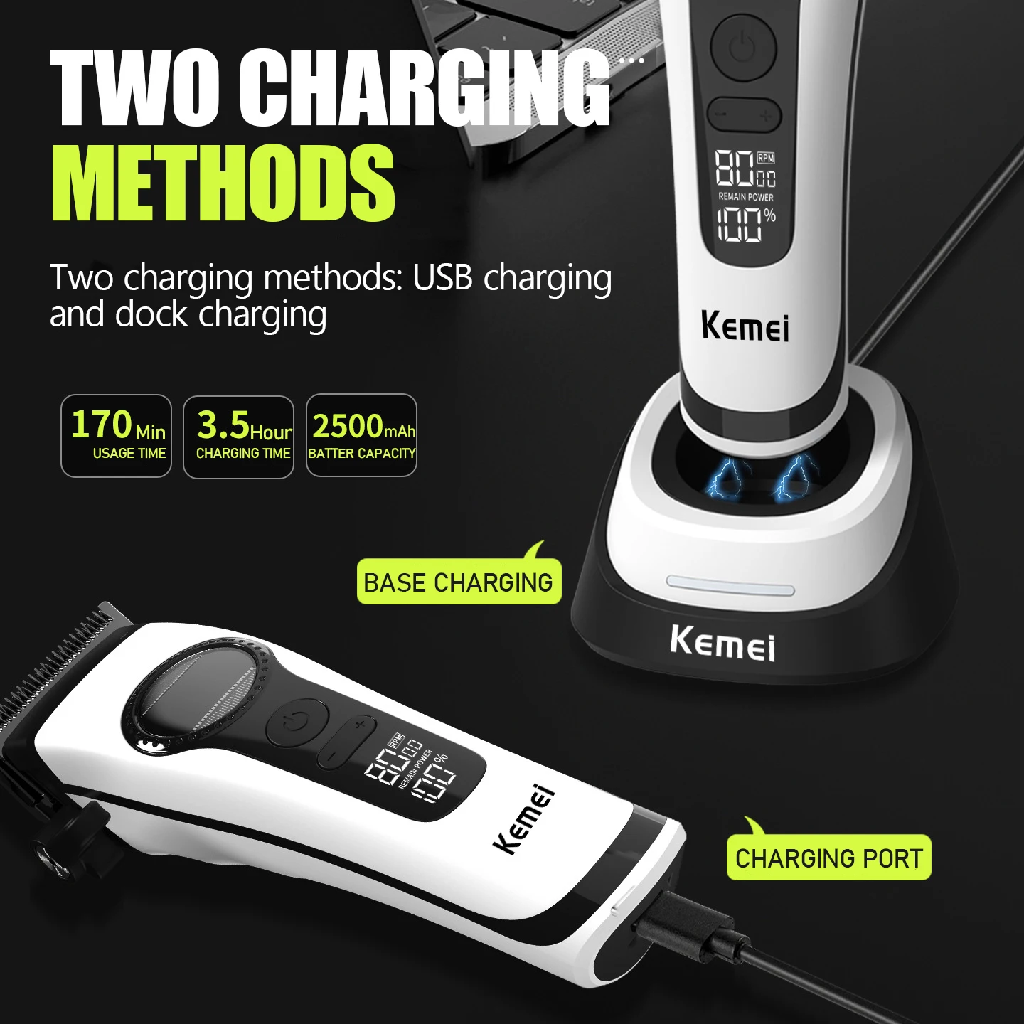 Kemei KM-1593 Hair Trimmers Professional Hair Clippers Super Engine Motor with External Brushless Trimmer for Men