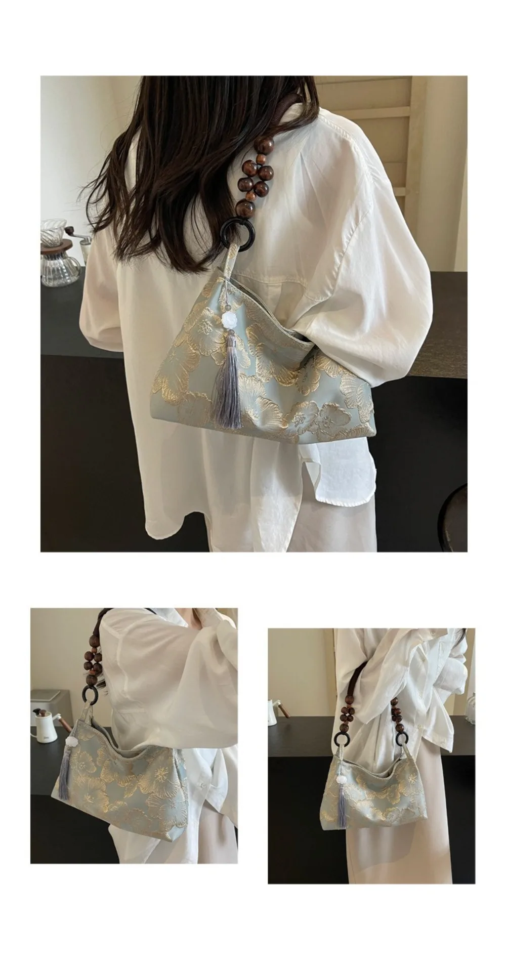 � Mittlere Kapazität ​ Damen-Schultertasche mit Stickerei ​ ​ Ethnische Muster-Stickerei ​ Nähgarn für Handarbeiten ​ ​ Quasten-Anhänger-Tasche ​ – Detail 9
