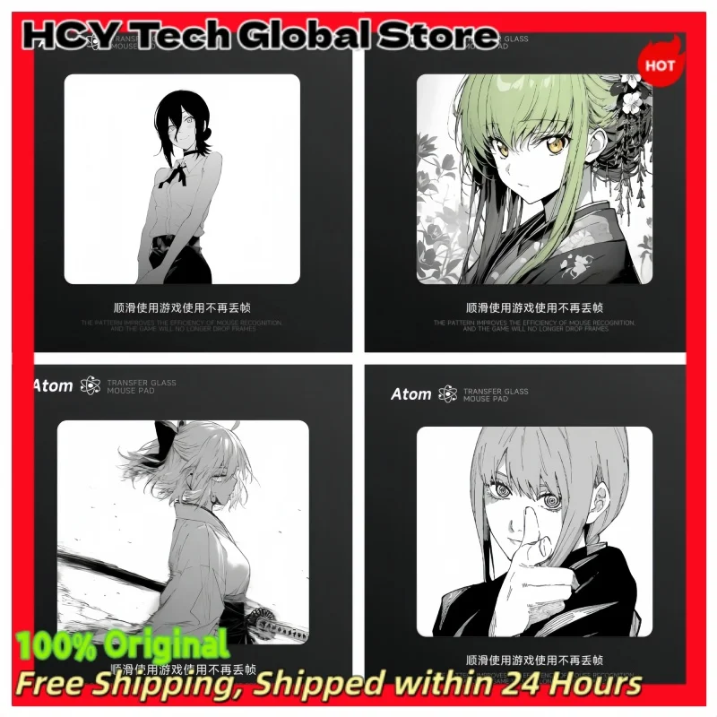 Atom Transfer Glass Mousepad Chainsaw Man Reze B&W Manga Anime Hard Gaming Desk Mat Non Slip Smooth Surface for FPS PC Gaming