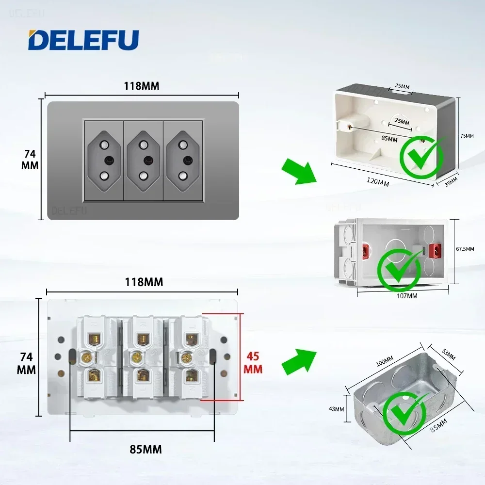 DELEFU Grey PC Panel Brazil Standard Outlet Double USB Type C Wall Power Socket Light Switch Home Office Electrical Plug 10A 20A