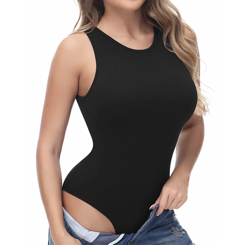 Women's Basic Sleeveless Halter Neck Bodysuit Tank Tops Fit Sexy Vest with Snap Closure Seamless Tummy Control Underwear Thong