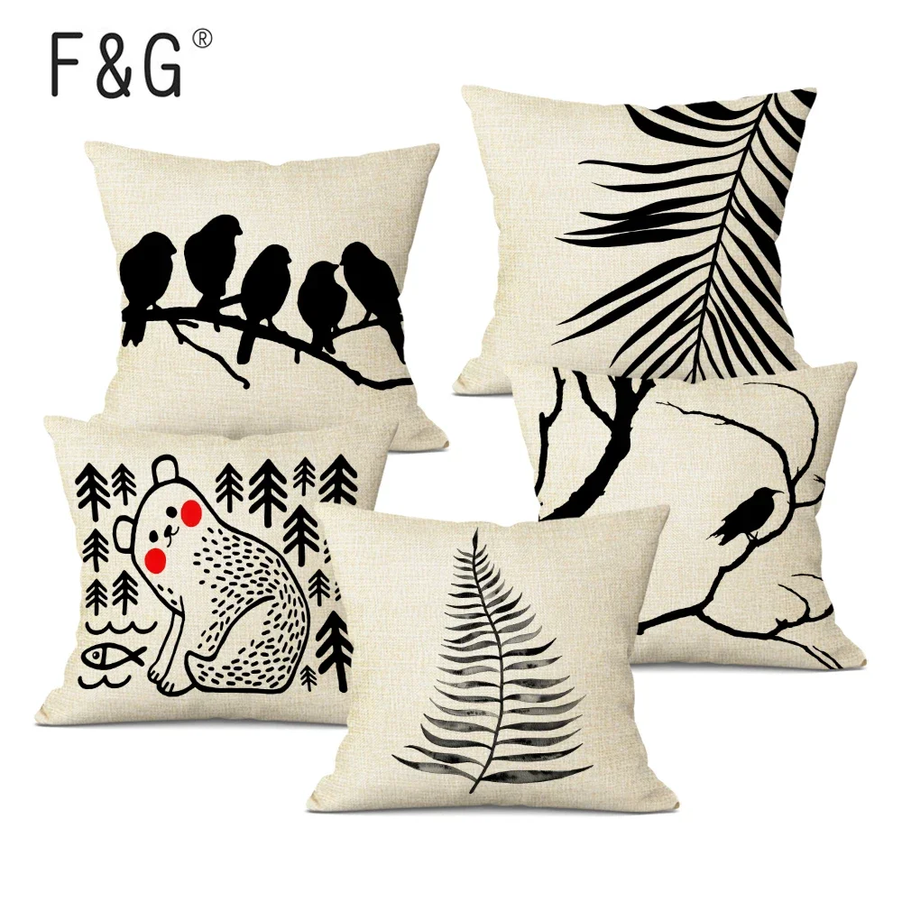 Nordic Style Cushion Cover Bear Bird Geometric Pillow Case Decoration Black and White Leaves Throw Pillowcase