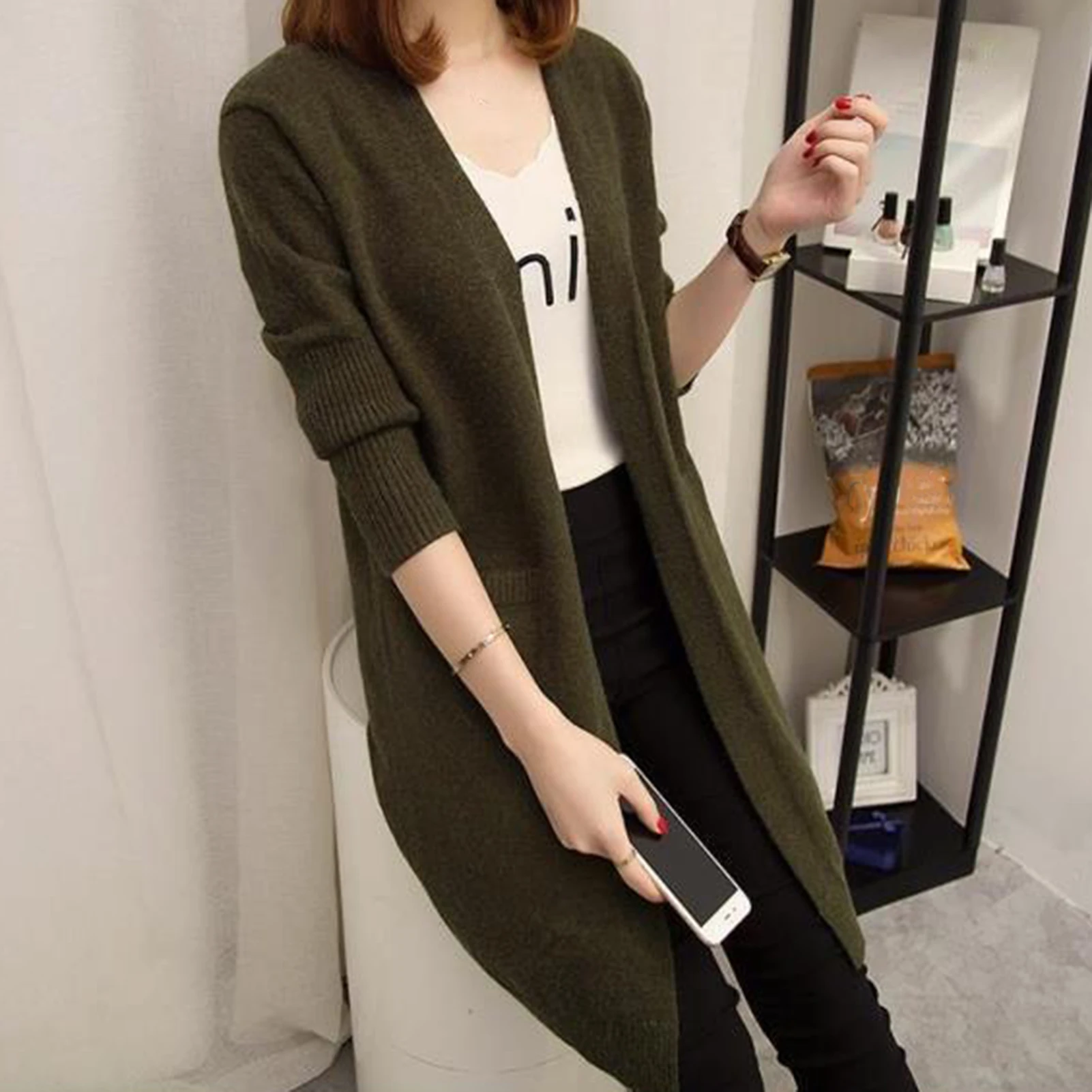 New Women Open Front Long Cardigan Knit Jacket Long Sweater Autumn Spring Thick Cardigan Lady Casual Knitwear Coat Loose Outwear