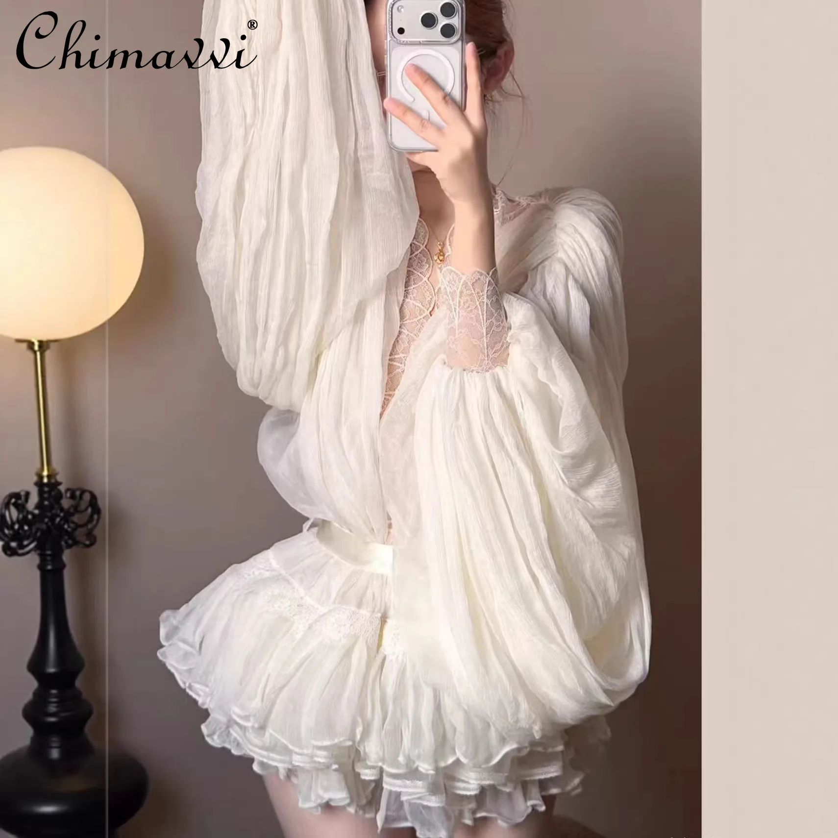 

French Elegant Fashion Socialite Lace V-Neck Long Sleeve Blouse High Waist Fluffy Short Skirt Two-piece Set Women 2026 Summer