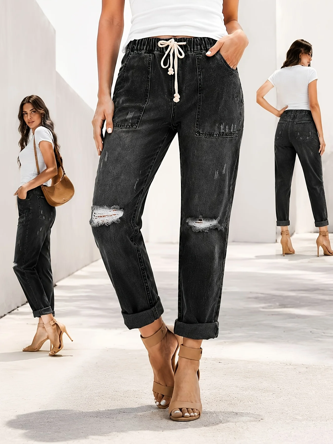 Ladies' fashion and casual Drawstring Jogger Jeans, Soft Stretch Distressed Ripped Denim Pants with Roll Cuff,Multi Pocket Comfy Casual Vintage Streetwear Denim,Fashionable and versatile, suitable for all occasions,wom
