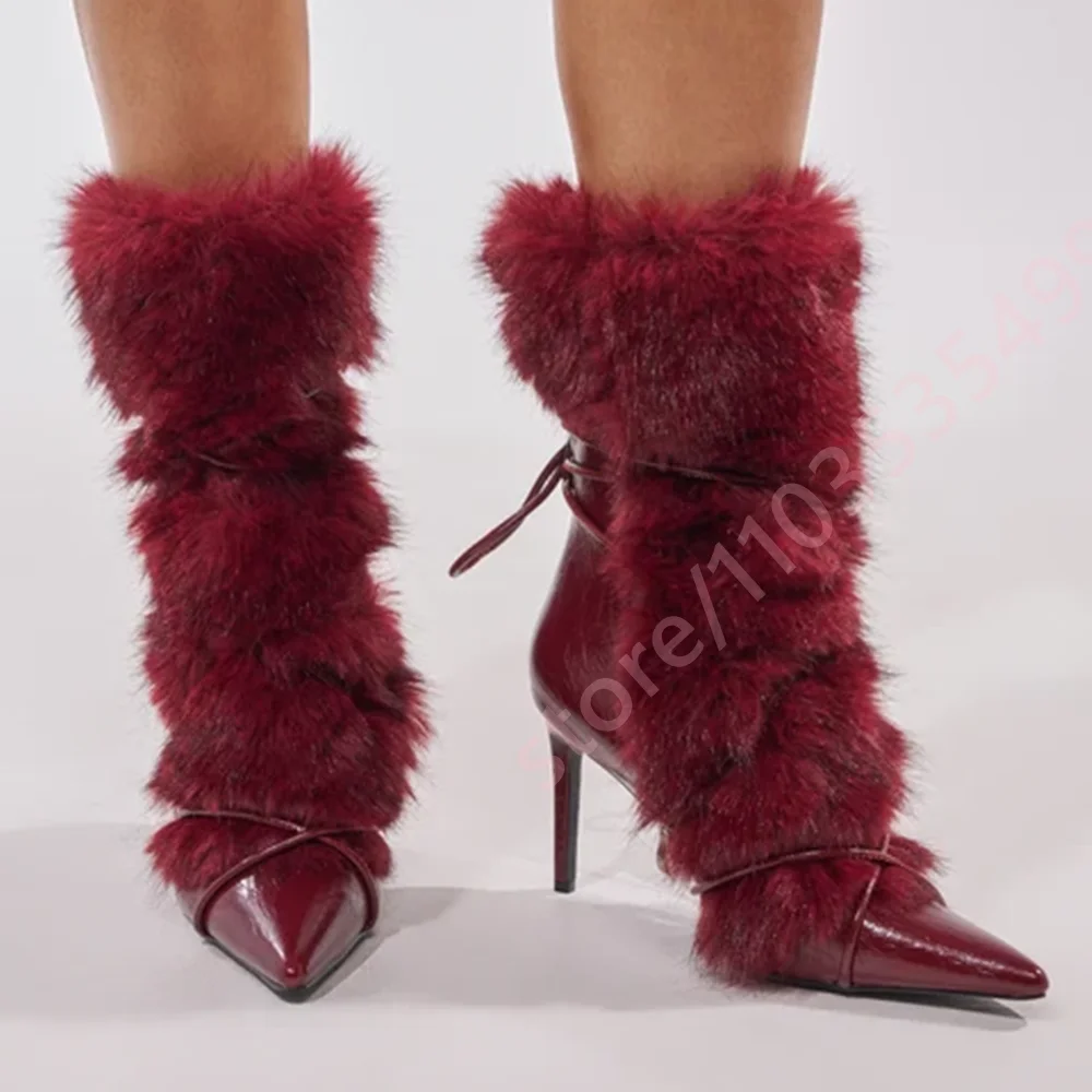 Botas de tacón alto elegantes para mujer, color rojo vino, con detalles de piel, de media caña, con punta en pico, tacón de aguja, con cordones, para fiestas de invierno.
