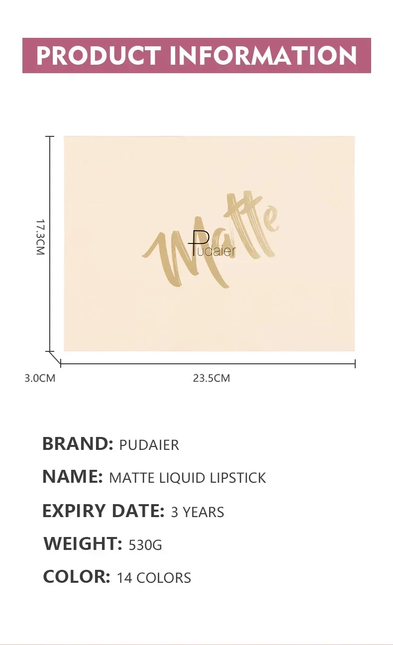 Pudaier 14 색 안료 누드 매트 리퀴드 립스틱 세트, 방수 벨벳 립 글로스, 오래 지속되는 논스틱 컵 립 틴트 화장품