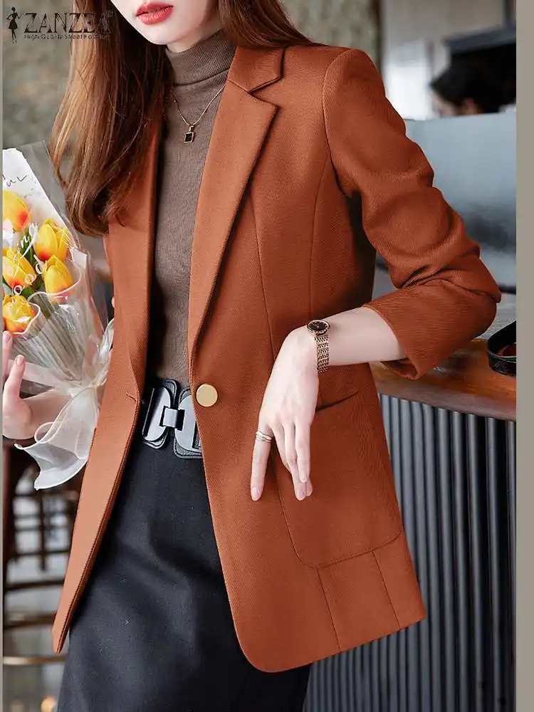 2023 ZANZEA Women Elegant OL Work Blazer Autumn Lapel Neck Long Sleeve Jackets Fashion Solid Suits Coats Female Office Outwear