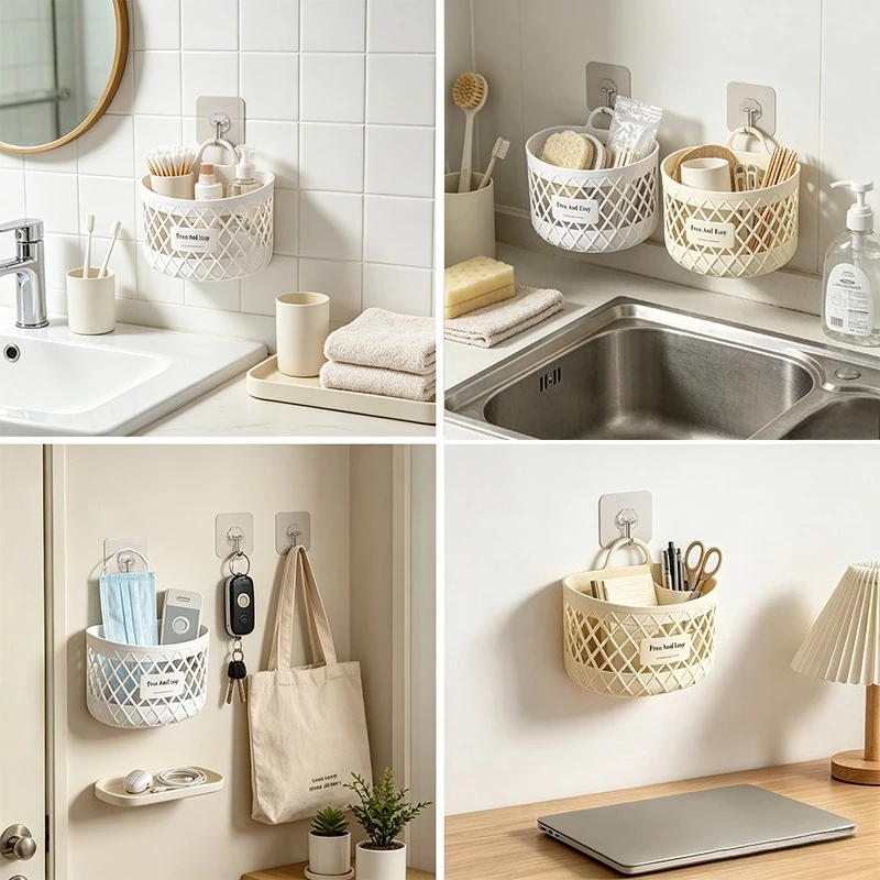 New 2pcs/1Set (1pc Basket and 1pc Hook) Easy Hanging Storage Basket,  for Kitchen Bathroom Toiletries, Spice Bags, Shelf Baskets