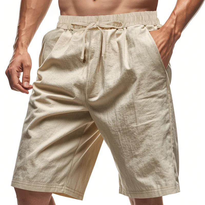 Summer Men's Flax Casual Lace-Up Elastic Waist Quick-Drying Beach Pants Loose Fit Exercise Fitness Shorts