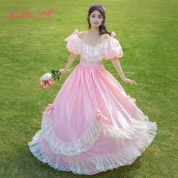 AnXin SH princess vintage pink satin white flower lace bow sweetheart beading pearls lace up Antique customized wedding dress