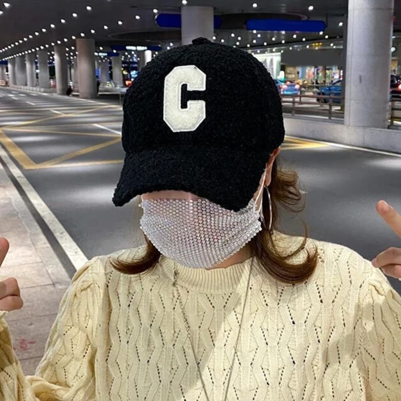 Y2k Teens Baseball Caps with Embroidery C Letter Windproof Leisure Duckbill Caps Outdoor Camping Cycling Plush Duckbill Caps