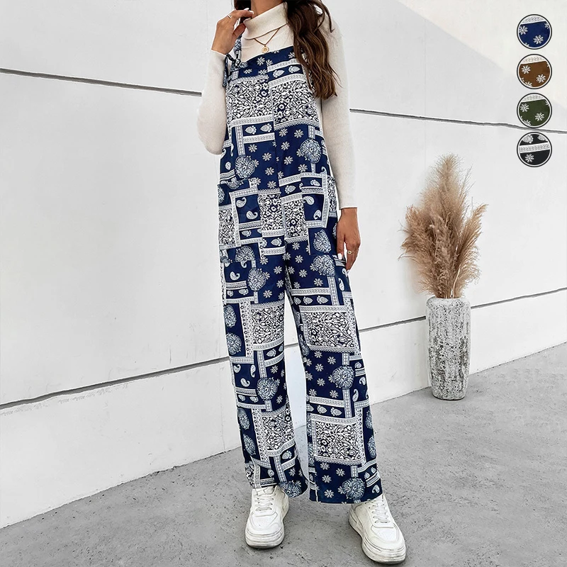 

Women's Casual Overalls Wide Leg Paisley Retro Print Loose Jumpsuit Fashionable Sleeveless Jumpsuit