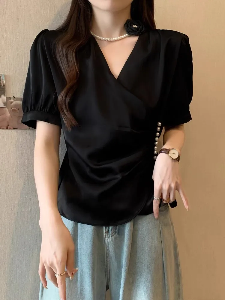 

Элегантная женская летняя блузка больших размеров с V-образным вырезом и коротким рукавом, приталенная, легкая, для зрелых женщин