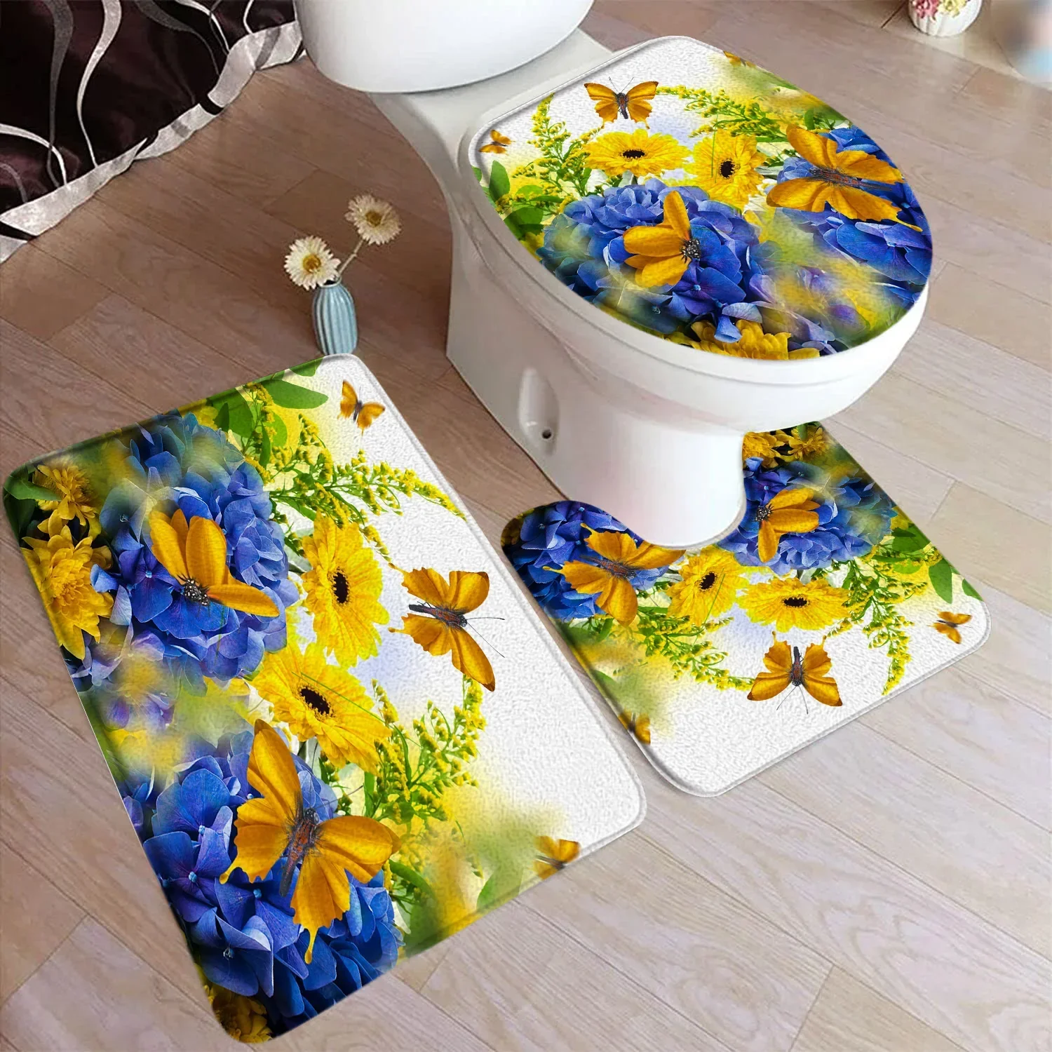 Rustic Flowers Bath Mat Set Yellow Sunflower Butterfly Blue Hydrangea Nature Floral Plant Carpet Bathroom Decor Rug Toilet Cover