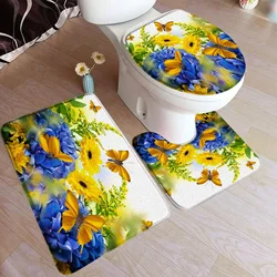Rustic Flowers Bath Mat Set Yellow Sunflower Butterfly Blue Hydrangea Nature Floral Plant Carpet Bathroom Decor Rug Toilet Cover