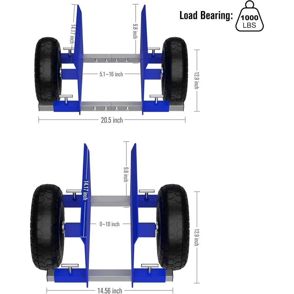 Adjustable Panel Dolly with 2x10 Solid Rubber Tires for 1000lbs Load Capacity - Ideal for Handling Panels, Slabs, Plywood, Doors