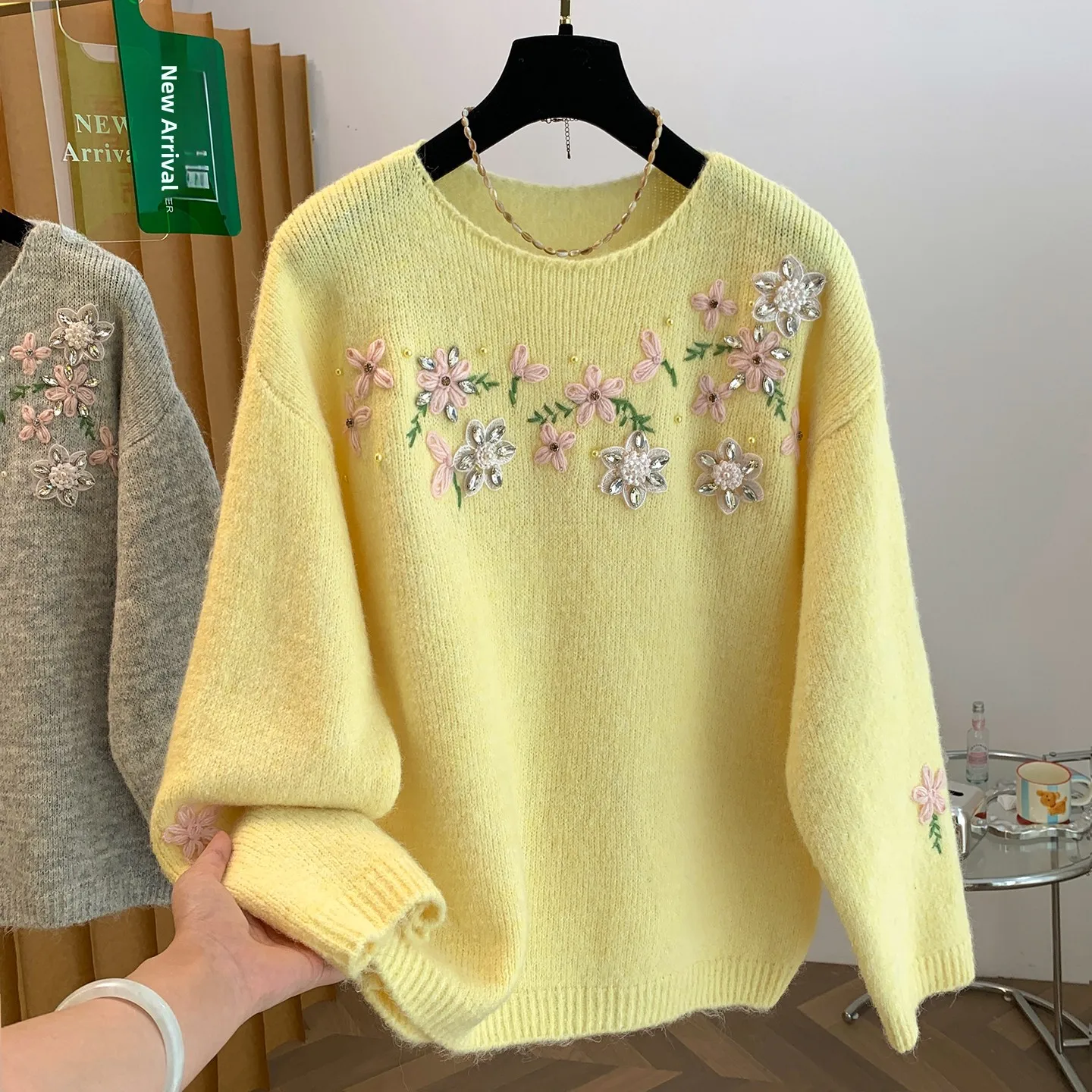 Soft Cozy Lazy Style Women's Knitted Sweater Autumn Winter Beautiful 3D Flower Embroidery Casual Fashion Big Size 3