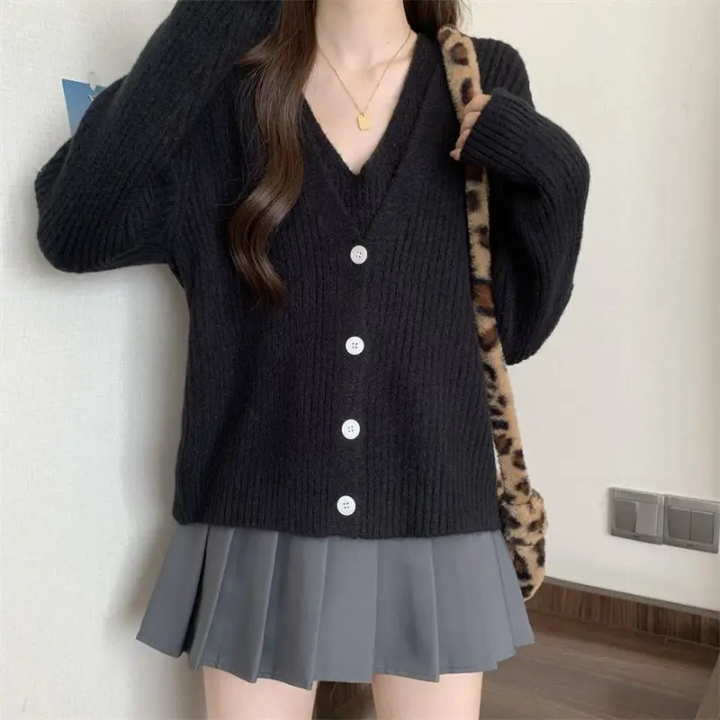 Large Women's Knitted Cardigan Jacket with Suspender Two-piece Set New Versatile Long Sleeved Sweater Top