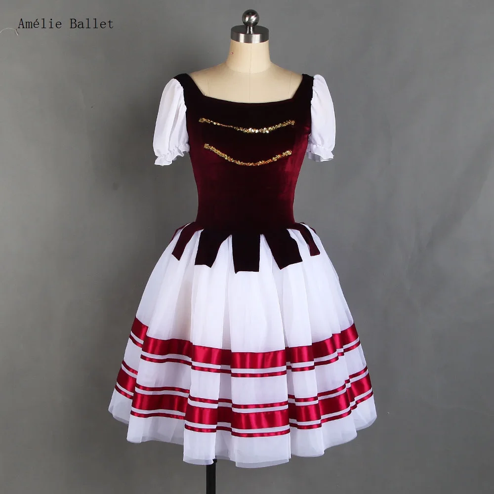 

21228 Short Sleeve Burgundy Stretch Velvet Bodice Attached White Tulle Tutu Skirt with Red Ribbon Trim Adult Child Ballet Dress