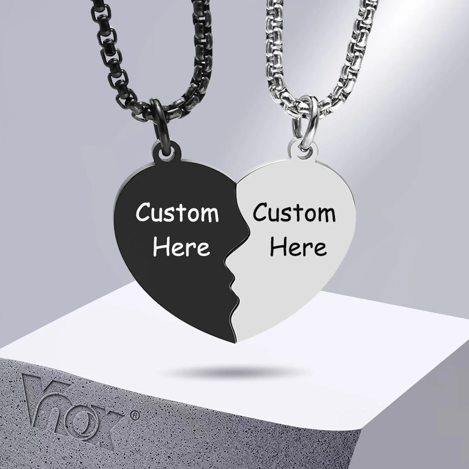 Vnox Free Custom Couple Love Necklaces for Women Men,2pcs/set Heart Puzzle Pendants with Adjustable Box Chain,BFF Collar Jewelry