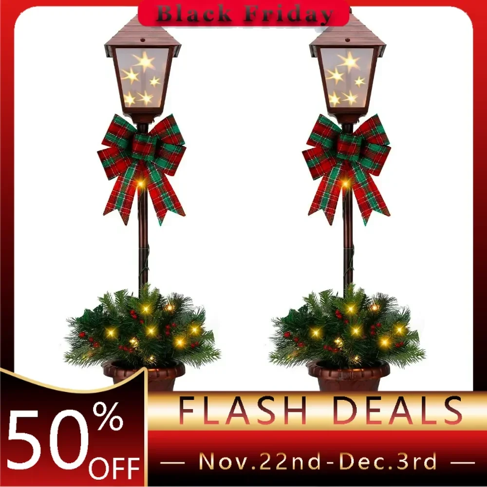 2Pack 3.5-Foot Christmas Decorated Pre-Lit Lamp Post  for Front Door, Entryway, Patio Porch Home Decorations,Indoor use