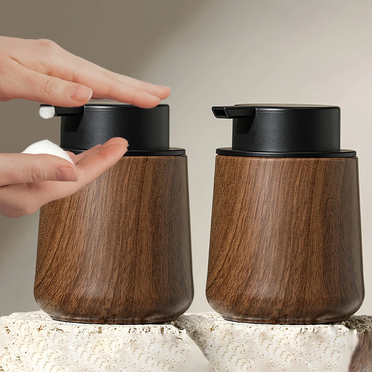 Walnut Wood Grain Hand Soap Foaming Bottle Shampoo Dispenser Pressure Type Foam Bottle Kitchen Accessories Bathroom Decoration