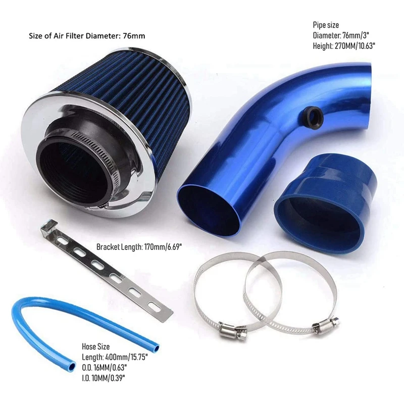 Universal Car Racing Cool Air Intake Kit 3Inch Pipe Aluminium Automotive Filter Induction Low Hose And Clamp Kits