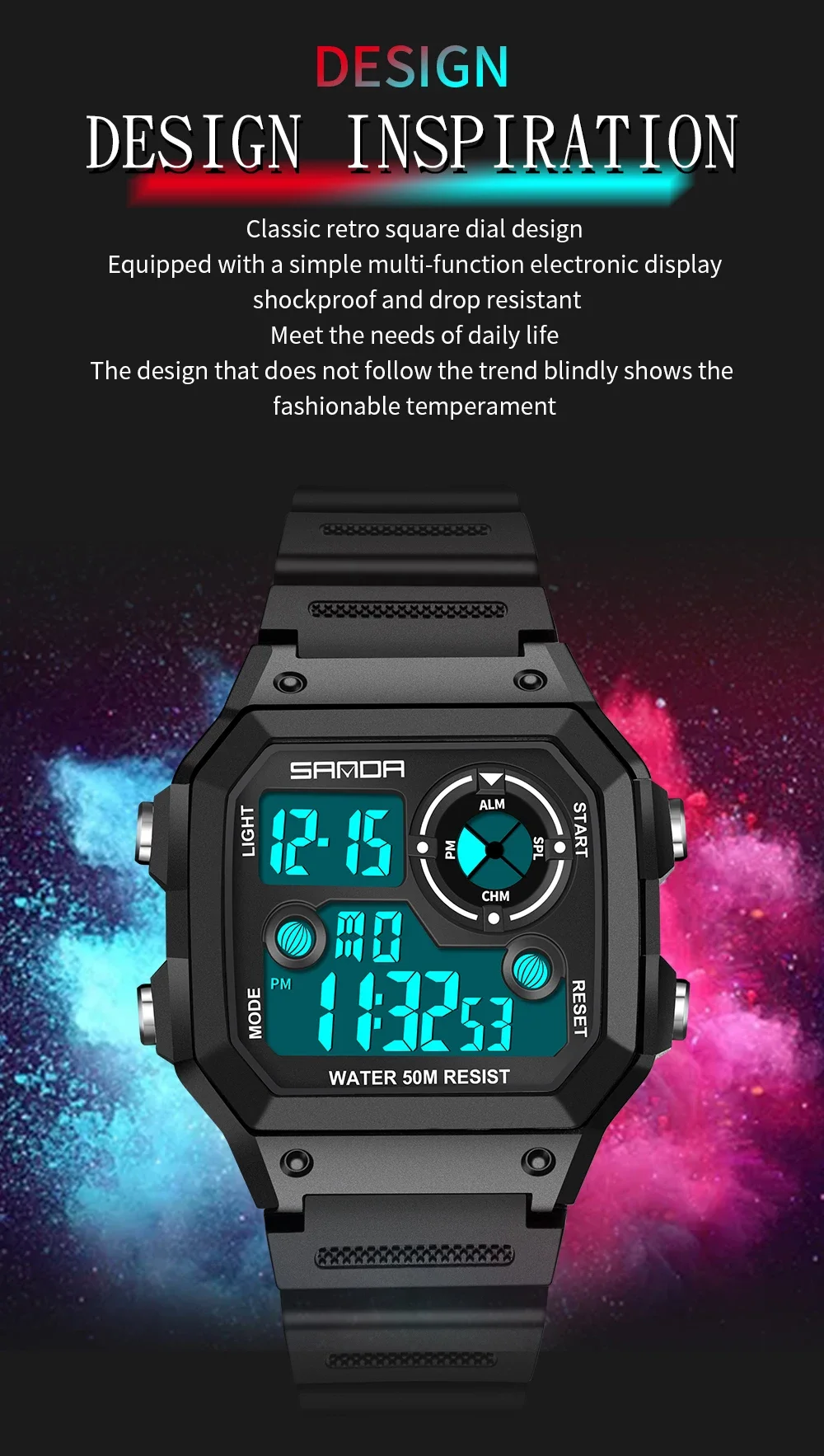 2026 SANDA 418 New Outdoor Sports Watch Men's Waterproof Countdown Digital Watch Military Men's Electronic Watch view 4
