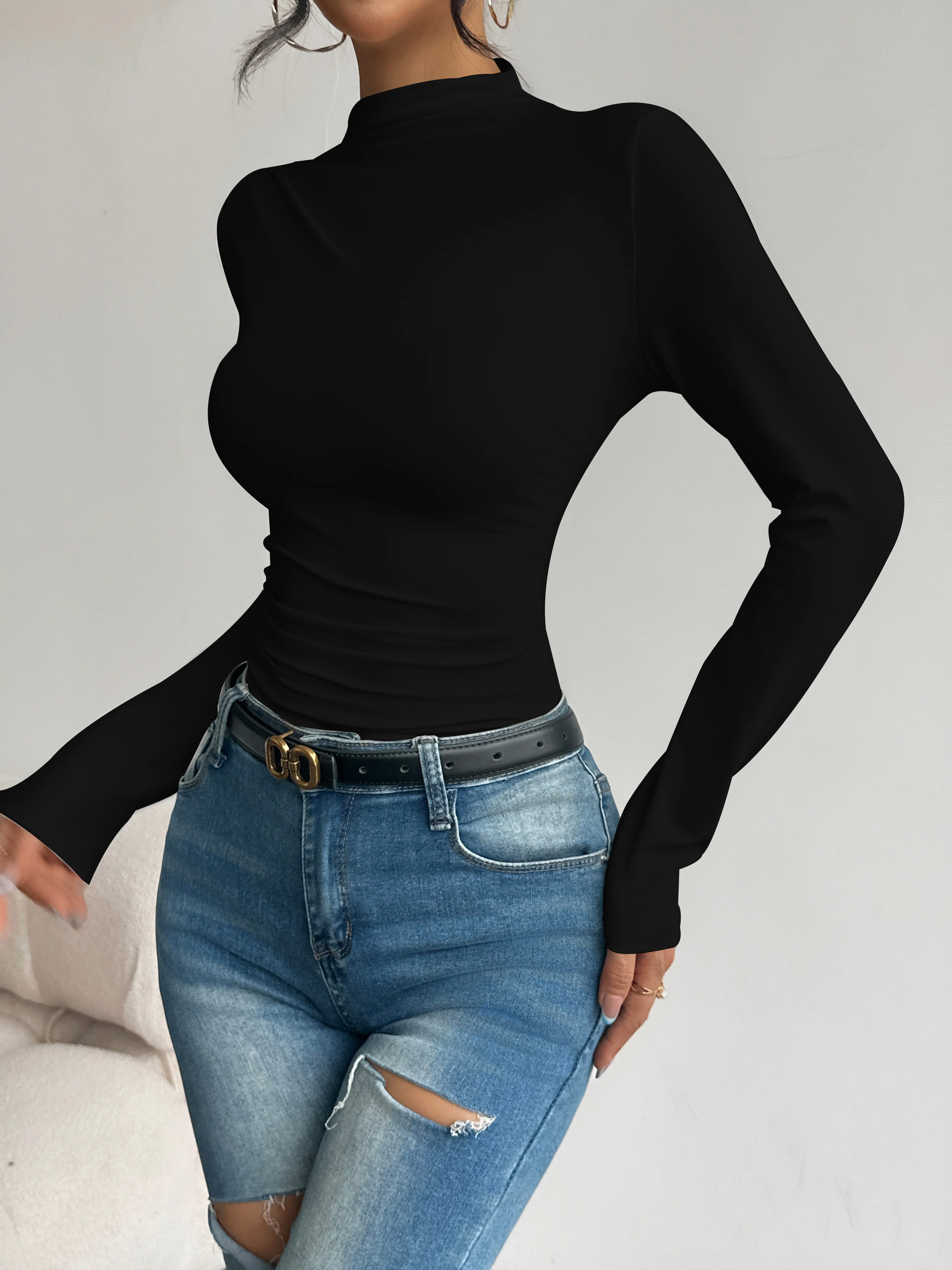 Halbhoher Kragen, plissierte Taille, schlank machendes, langärmliges Basic-Shirt für Damen, vielseitiges Oberteil für Frühling und Herbst. – Detail 20