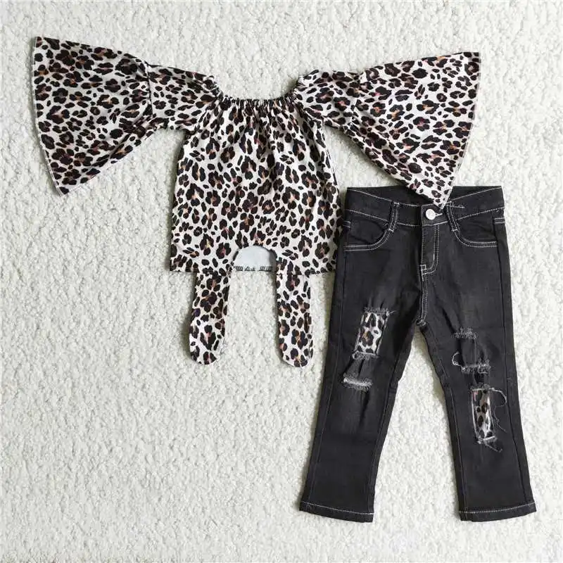 

2022New Rts Daily Wearing New Design Leopard Horn Long Sleeve Shirt Black Ripped Pants Fashion High Quality Western Baby Girls