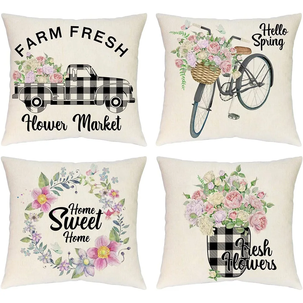 ABFN-Spring Pillow Covers 18X18 Set Of 4 Outdoor Farmhouse Throw Pillows Spring Decorations Cushion Cases For Home Decor