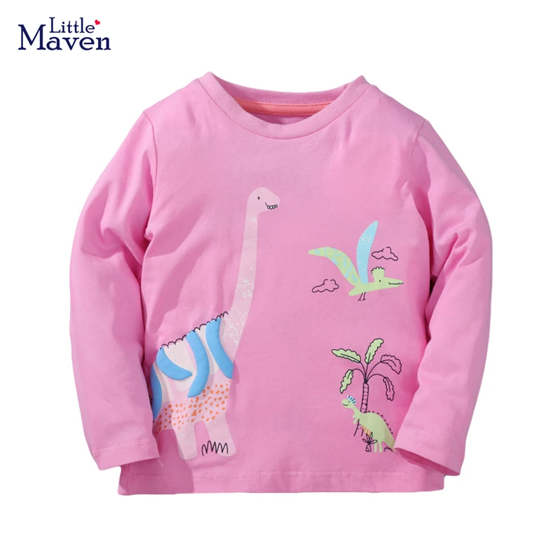 Little maven 2023 Baby Girls Long Sleeves Pink T-shirt Dinosaurs Autumn Cotton Tops Comfort for Kids 2-7year