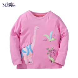 Little maven 2023 Baby Girls Long Sleeves Pink T-shirt Dinosaurs Autumn Cotton Tops Comfort for Kids 2-7year