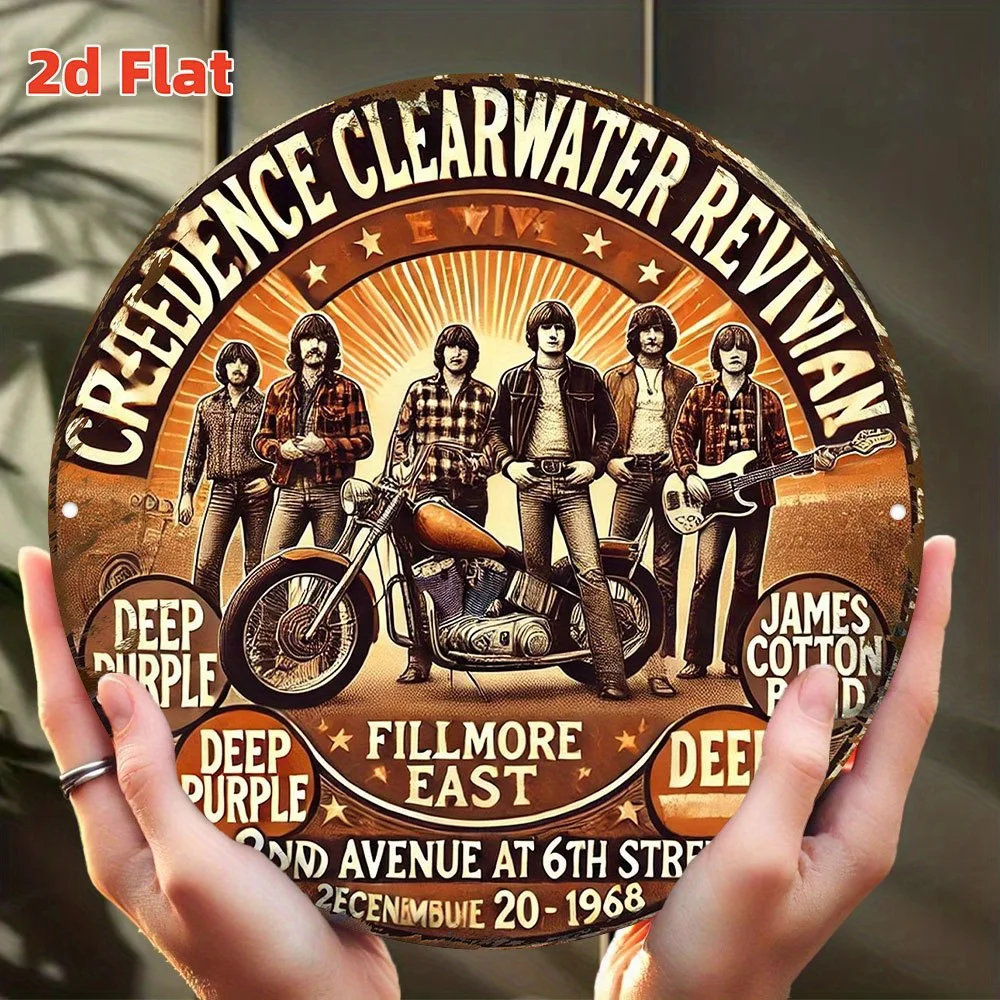 2D Flat, Vintage Creedence Clearwater Revival Band Metal Wall Art - Round Aluminum Sign with 