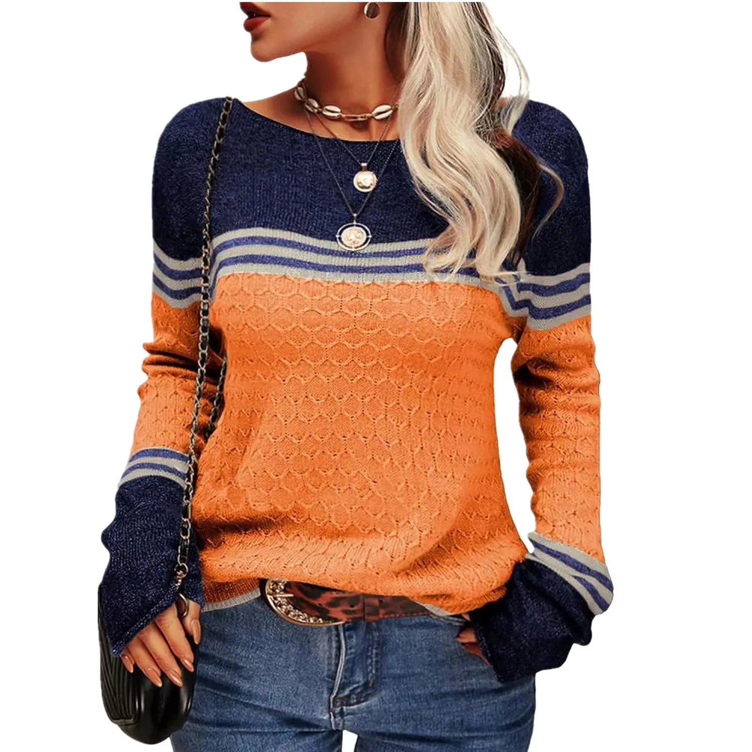 

2024 Women Autumn Winter Long Sleeve Patchwork Colorblock Pullover Sweaters Round Neck Striped Slim Fitting Knitwear Tops