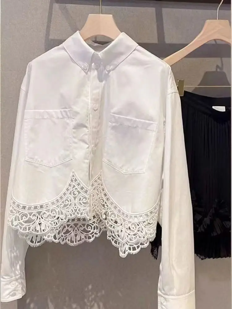 

French Lace Patchwork Short Shirt 2025 Spring Autumn Women Elegant Blouse Femae Longsleeve White Shirt Office Lady Base Shirt
