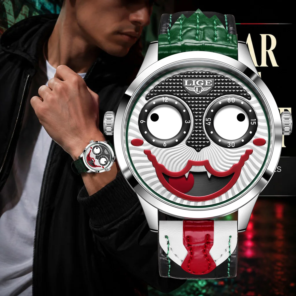 Men's Watches LIGE Creative Joker Watch Men Clown Fashion Leather Strap Waterproof Quartz Wristwatches Moon Phase Clock+BOX