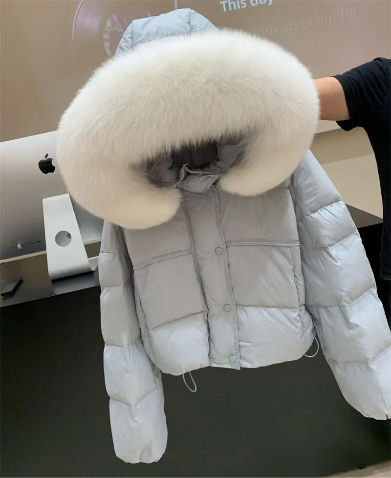 New Winter Luxury Fur Parka Women Natural Real Fox Fur Collar 90% White Duck Down Jacket Thick Warm Loose Short Coat