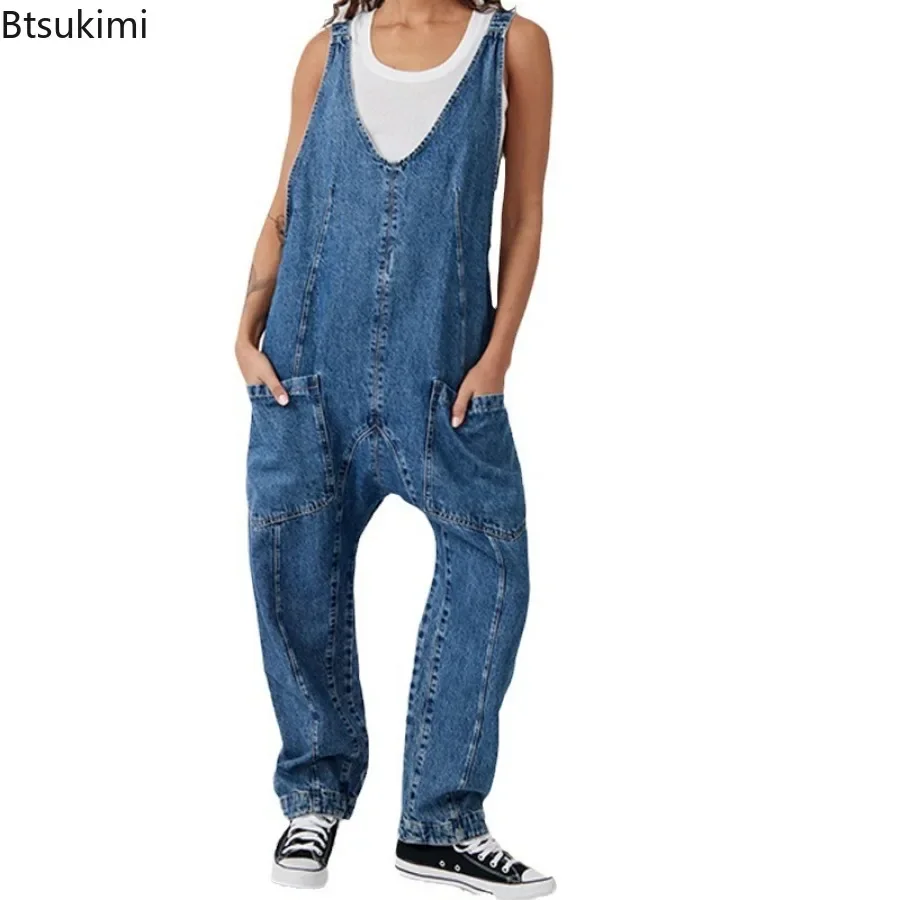 2025 Women\'s Fashion Casual Denim Jumpsuits Splice Double Pockets Deep V-neck Backless Suspenders Rompers One Piece Jeans Femme