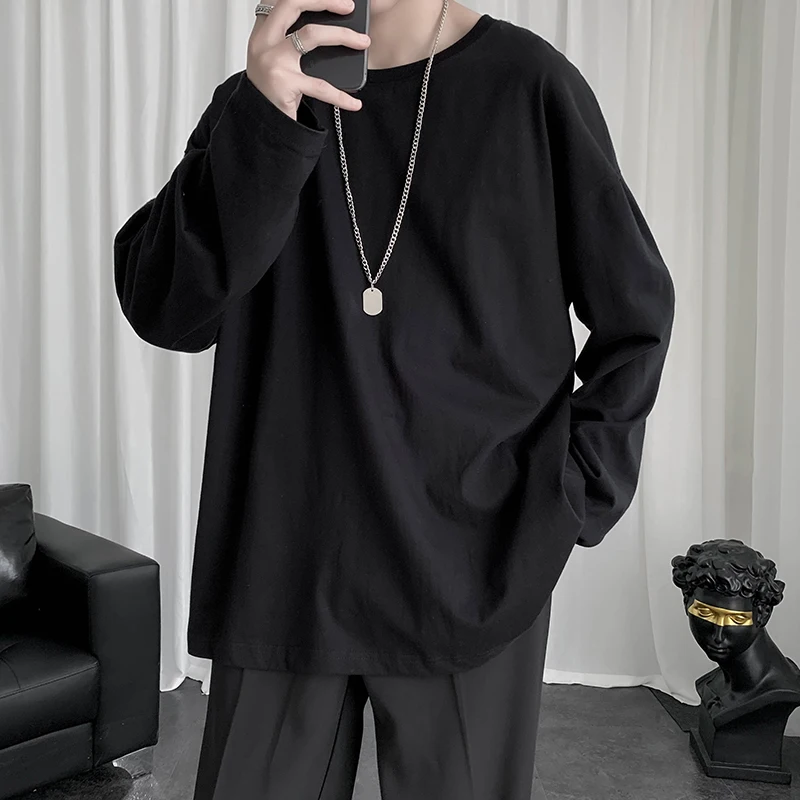 

k Sle Men's round Ne Long Sve T-irt BF Lazy Sle Pure White Body irt INS Trendy Brand Hong Kong Sle Base i...