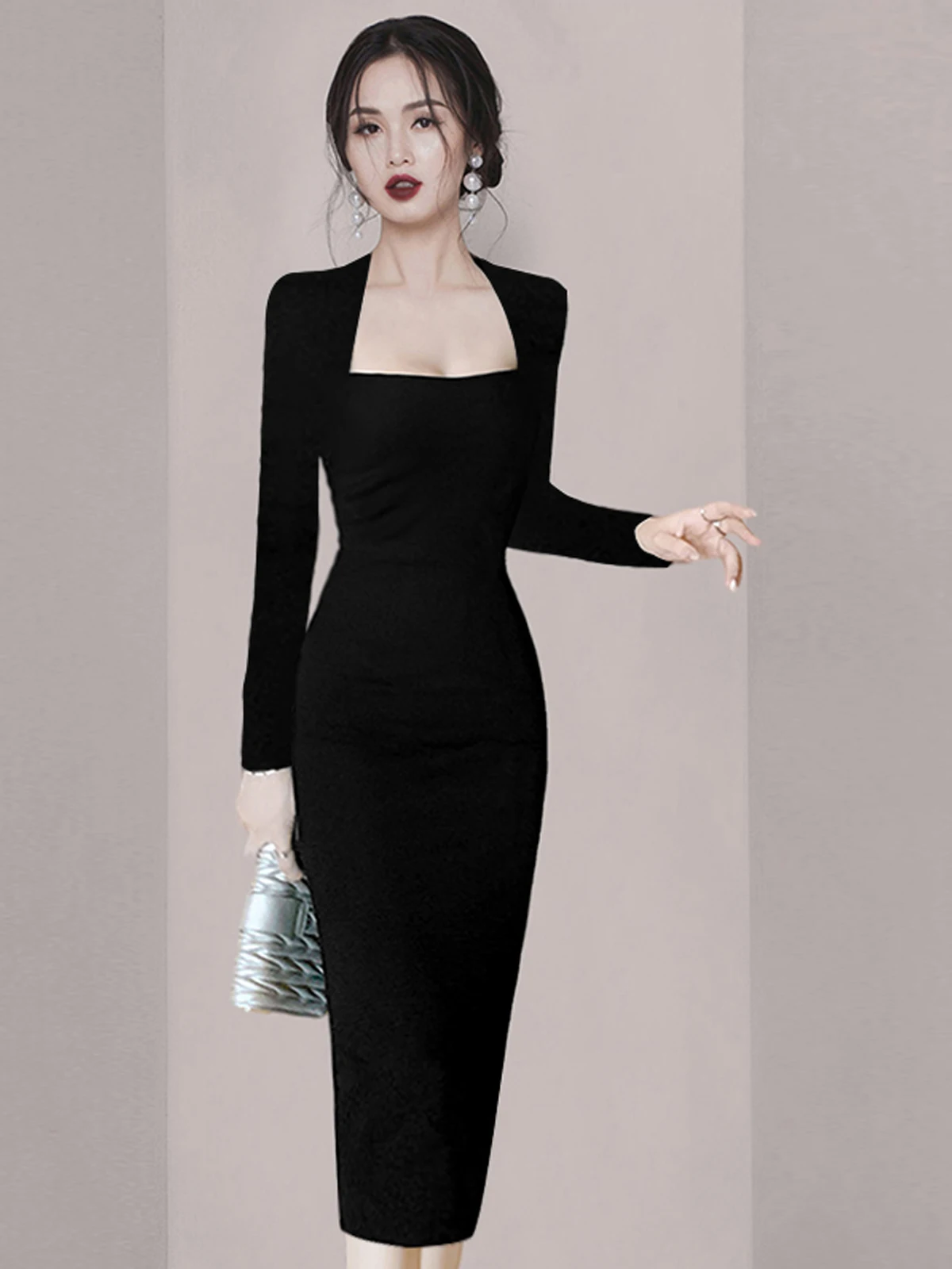 

Spring 2026 Women's Square Collar Bodycon Knitted Little Bla Dr Evening Gown Luxury Lady Retro Sle Polyester Fiber Lon...