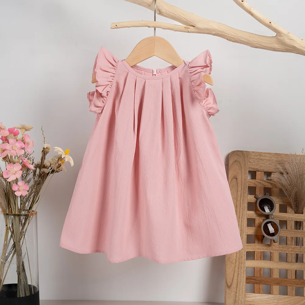 Summer New Baby Girls Round Neck Solid Color Flying Sleeve Pleated Princess Dresses 3-7 Years Old Kids Clothes