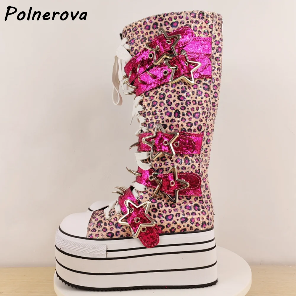 ليوبارد المسامير الوردي الأحذية جولة تو منصة سميكة سوليد المشارب عبر تعادل منتصف العجل الأحذية الخماسي مشبك الشتاء أحذية مثيرة #4