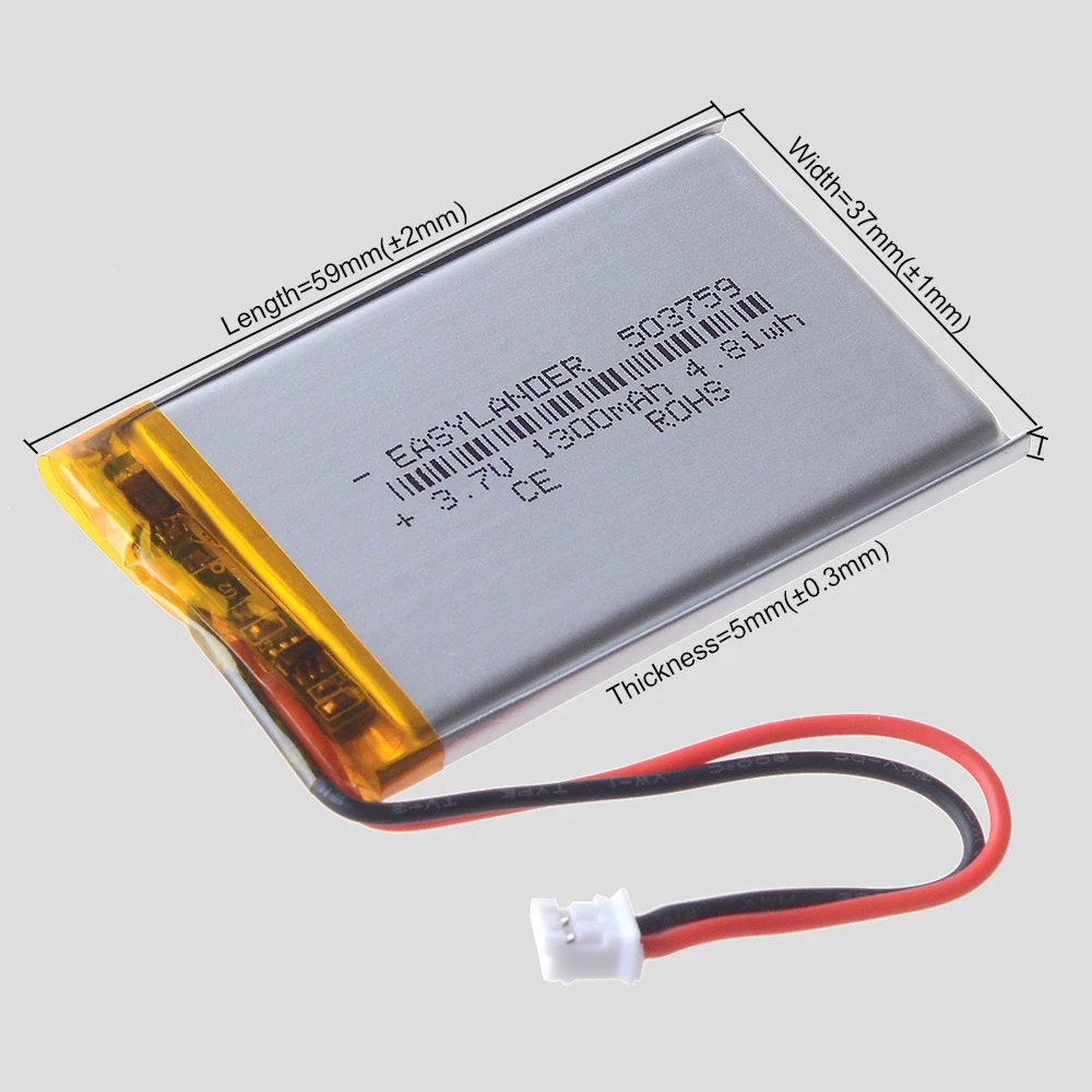 10Pcs/Lot JST2.0 2Pin 503759 3.7V 1300mAh Li-Polymer Li-ion Battery  Lipo 303759 403759 603759 703759 803759 903759 103759