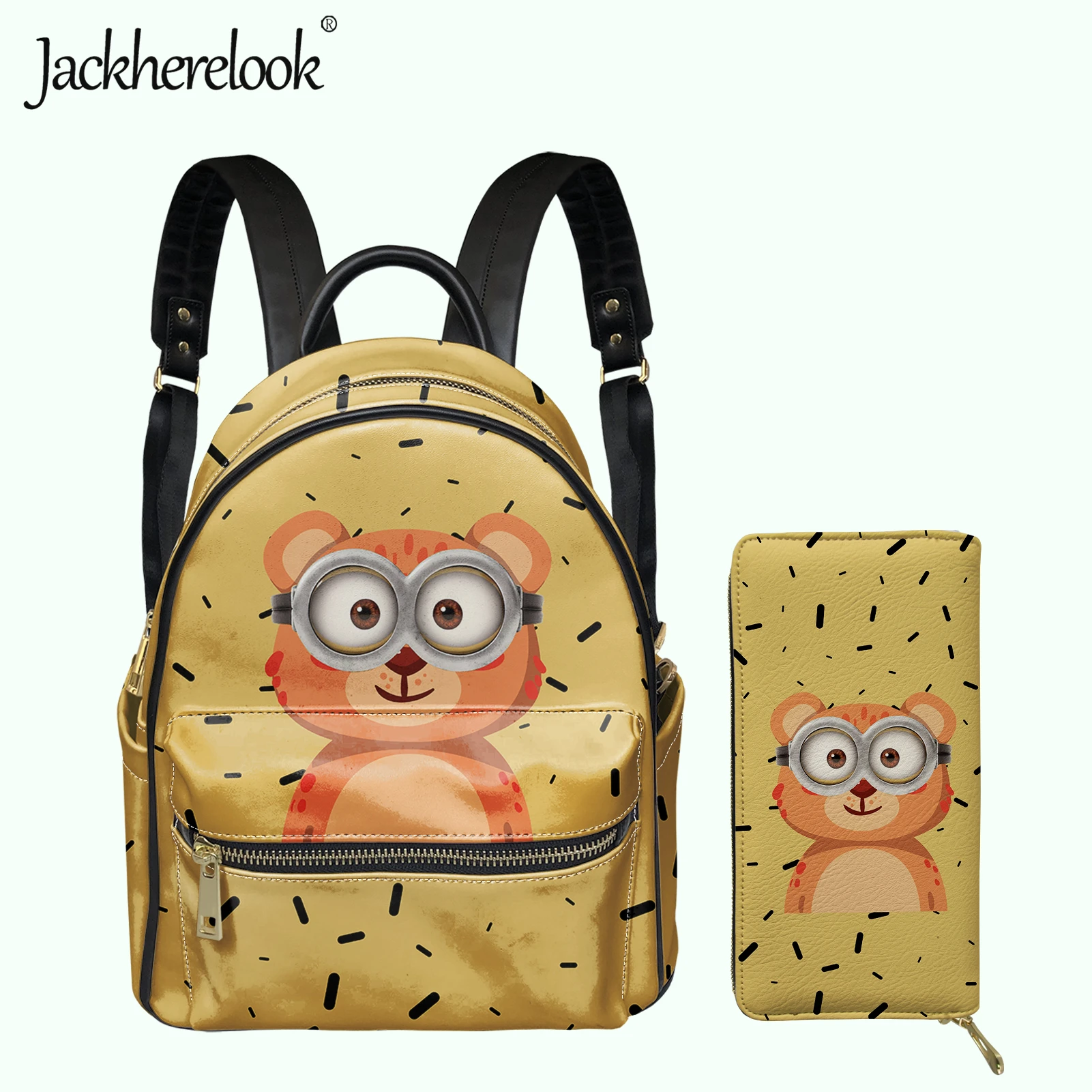 

Jackherelook Cute Bear Cartoon Yellow Pattern Girls School Bag 2Pcs Set Backpack with Wallet PU Leather Women Mini Satchel Bolsa