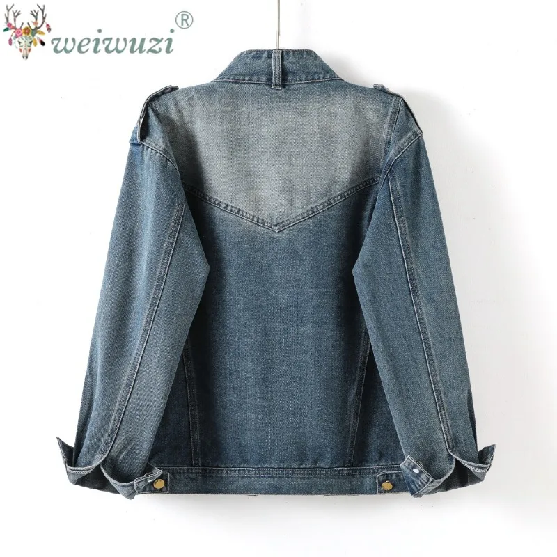 Women Vintage Washed Denim Coat Stand‑Collar Loose Long‑Sleeve Jeans Jacket Epaulet Shoulder Design Casual Street Outerwear