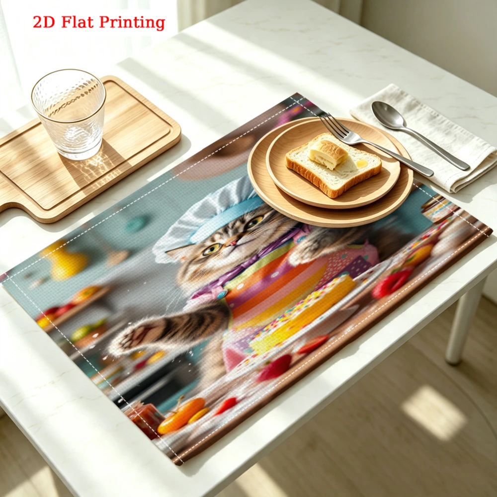 2Pcs Cartoon Chef Cat Placemat Multicolor Kitchen Dining Decor Non Slip Heat Resistant 30X40Cm